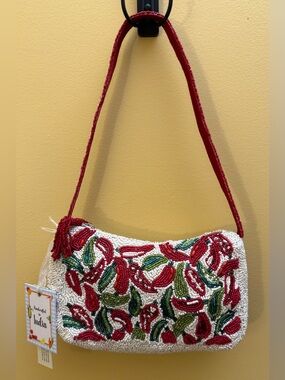 Hand Beaded red & green Chili Peppers white Shoulder Bag NWT Tik Tok Viral